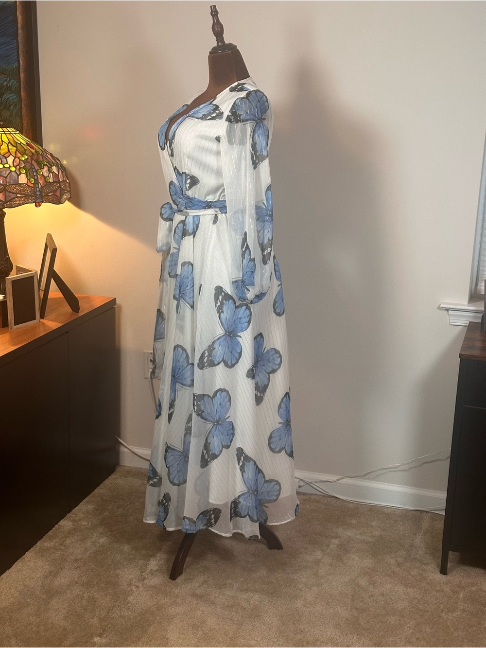 Boston Proper White Maxi Wrap Dress with Blue Butterfly Print - Picture 3 of 4